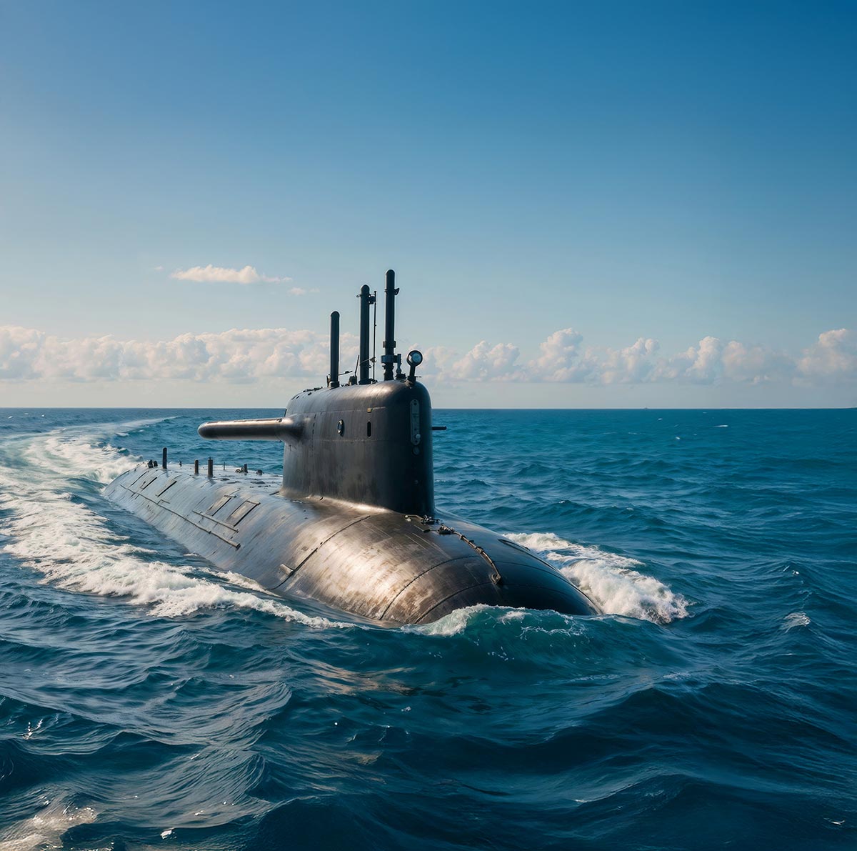 Submarine cruising at the surface in open ocean